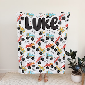 Personalized blanket for boys, truck blanket, race car blanket, birthday gift for him, custom name baby blanket, baby shower gift