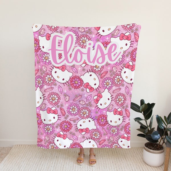 Personalized Pink anime cat Blanket custom name blanket for toddlers kids and adults kawaii cat blanket