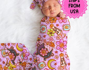 Personalisierte Halloween Swaddle Set Neugeborenen Ankündigung Outfit, Herbst und floral rosa Swaddle Bow Hut Set, benutzerdefinierte Baby-Duschegeschenk