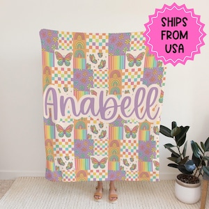 Personalized patchwork Blanket rainbow butterfly housewarming gift for her, butterfly lover gift, baby shower gift blanket