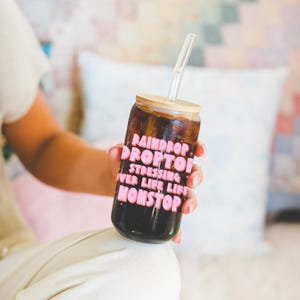 Preppy funny glass cup with bamboo lid glass straw, Cute Cup Beer Can Iced Coffee Glass Cup Cute stress Glass Cup gift for her
