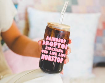 Preppy funny glass cup with bamboo lid glass straw, Cute Cup Beer Can Iced Coffee Glass Cup Cute stress Glass Cup gift for her