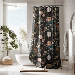 Dark Cottagecore Black Botanical Shower Curtain, Moody Dark Academia, Vintage Apothecary Witchy Eclectic Maximalist Bathroom Decor