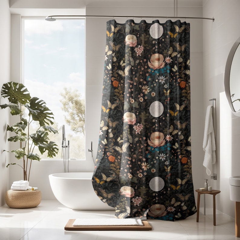 Dark Cottagecore Black Botanical Shower Curtain, Moody Dark Academia, Vintage Apothecary Witchy Eclectic Maximalist Bathroom Decor