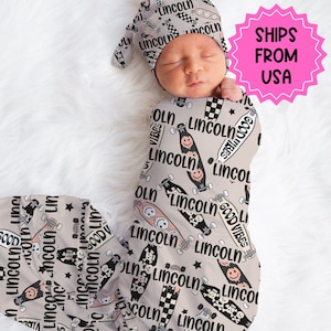 Personalized Baby Boy Swaddle Blanket Hat Set, skateboard swaddle, beige hospital reveal outfit baby boy baby shower gift receiving blanket