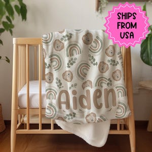 Lion Personalized blanket for boys, rainbow sage green neutral blanket, unisex birthday gift for him, custom name baby blanket baby shower
