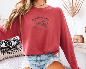 Embroidery Halloween sweater comfort color Vibing with my demons, Cute trendy embroidery pullover sweat shirt