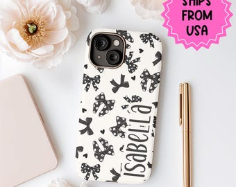 Personalisierte iPhone 16, 15, 14, 13 Pro Max Hülle schwarz Bogen, MAGSafe Iphone Tasche, TOUGH Vintage schwarze Creme personalisierte Handyhülle