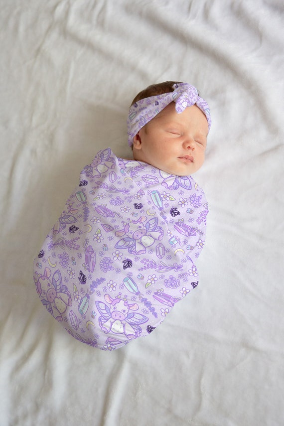 Purple Whimsical Swaddle and Bow Set Newborn Swaddle and Hat Set Newborn Girl Hospital Reveal Outfit Baby Shower Gift Stretchy Swaddle Etsy
