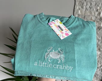 A little crabby embroidered comfort color shirt, minimalist beach tshirt, coastal shirt funny