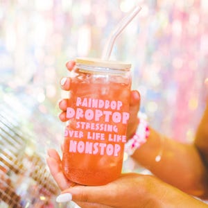 Preppy funny glass cup with bamboo lid glass straw, Cute Cup Beer Can Iced Coffee Glass Cup Cute stress Glass Cup gift for her