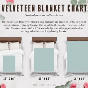 May include: A chart showing the different sizes of velveteen blankets. The chart shows a queen-sized bed with a 30" x 40" blanket, a 50" x 60" blanket, and a 60" x 80" blanket.