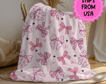 Personalized coquette pink bow Blanket, coquette room decor, preppy stuff room decor, pink bow baby blanket, bow decor
