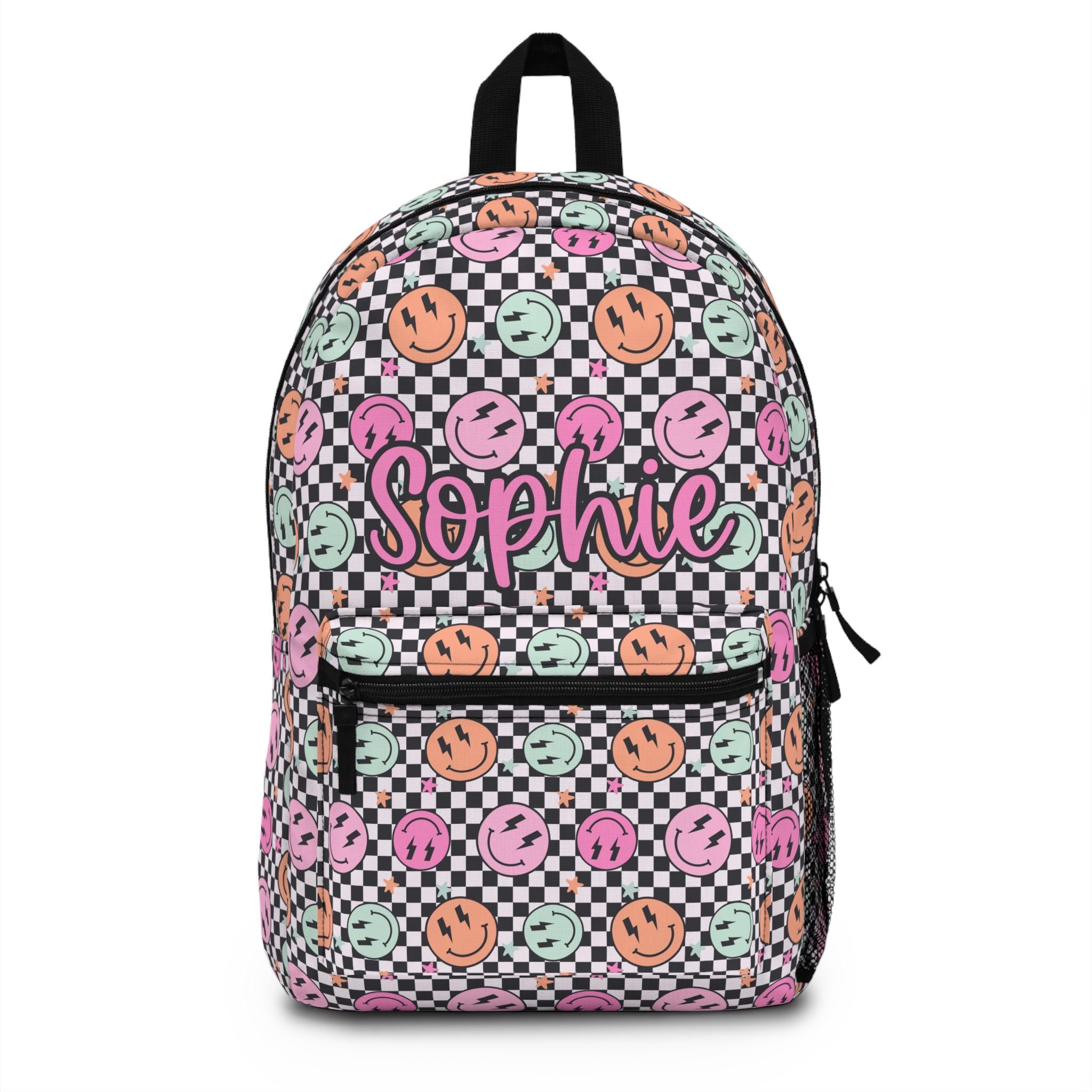 Personalized Backpack smiley face checkered, Back to school Gifts for kids Girls Backpack, Kids toddler Backpack, custom daycare bag