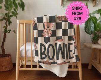 Personalisierte Decke für Jungen, Teddybär Decke, karierte Decke, Geburtstagsgeschenk für ihn, individuelle Babydecke, Baby-Duschegeschenk