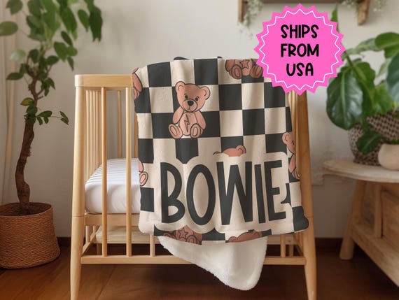 Personalized blanket for boys, Teddy bear blanket, checkered throw, birthday gift for him, custom name baby blanket, baby shower gift