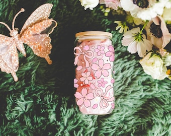 Girly coquette bow glass cup with bamboo lid glass straw, Cute Cup Beer Can Iced Coffee Glass Cup Cute preppy Glass Cup gift for her