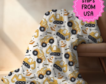 Custom name blanket baby boy construction trucks Personalized toddler blanket, birthday gift for him, baby shower gift toddler