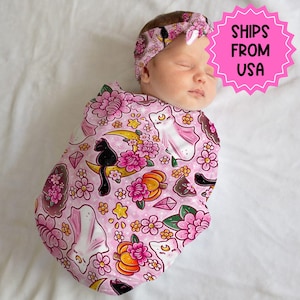 Personalized Halloween swaddle set Newborn announcement outfit, pink fall swaddle, witchy cat swaddle, custom baby shower gift