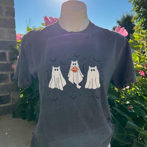 May include: Dark grey t-shirt featuring three cartoon ghosts with cat-like faces. The middle ghost is holding a pumpkin. Small bats are printed above the ghosts. The shirt is displayed on a mannequin in front of a sunny, blue sky.