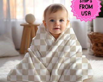 Personalized checkered vintage blanket with Name, Beige Custom blanket gift, Birthday Anniversary Gift, toddler kids blanket