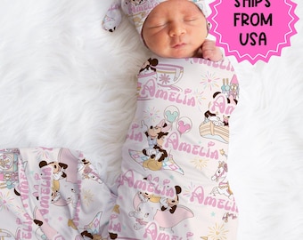 Personalized Disney Swaddle set bow hat, custom name Newborn going home swaddle, girl hospital reveal, minnie and micky mouse swaddle
