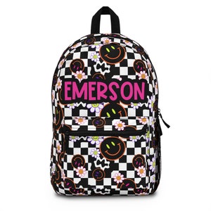 Sac à dos personnalisé smiley à carreaux, cadeaux de retour à l'école pour enfants filles sac à dos, sac à dos pour tout-petits, sac de garderie personnalisé