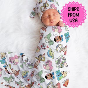 Personalized Disney Swaddle set hat, custom name Newborn going home swaddle, boys hospital reveal, toy story swaddle image 1