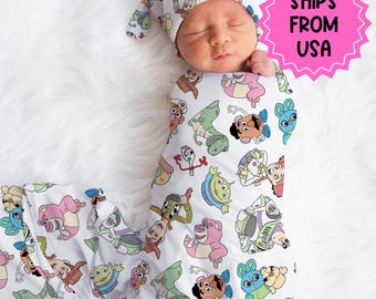 Personalized Disney Swaddle set hat, custom name Newborn going home swaddle, boys hospital reveal, toy story swaddle
