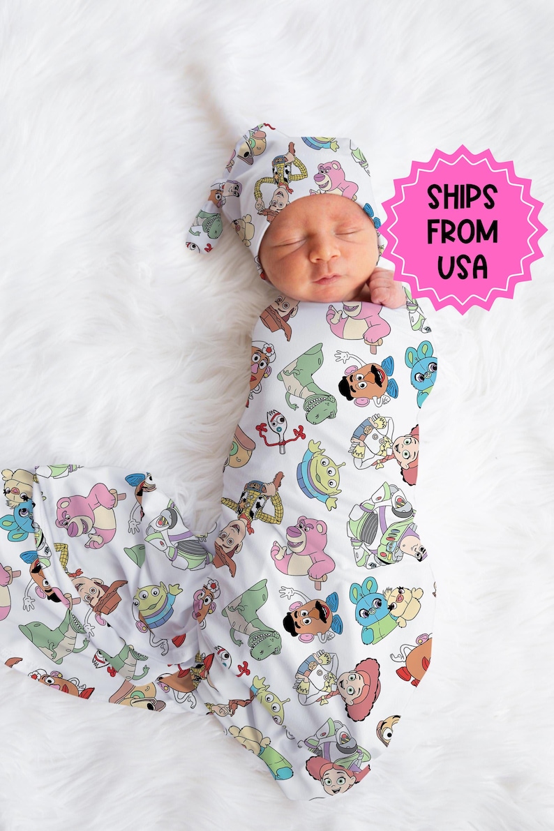 Personalized Disney Swaddle set hat, custom name Newborn going home swaddle, boys hospital reveal, toy story swaddle image 1