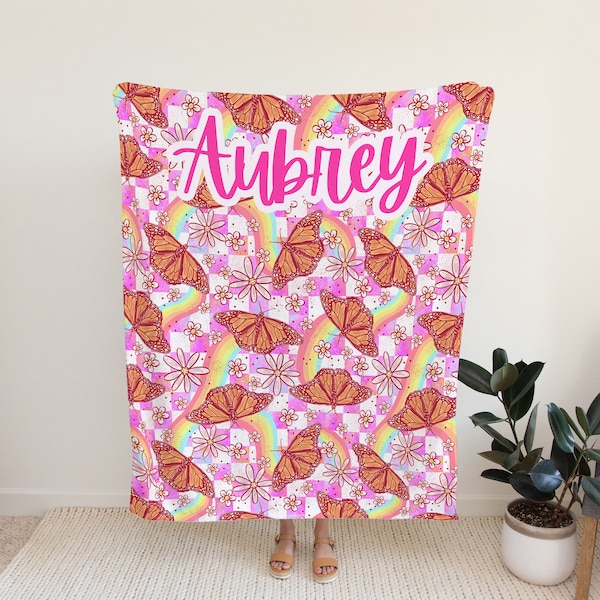 Personalized butterfly blanket with rainbows housewarming gift birthday gift for her toddler bedding kids bedroom decor