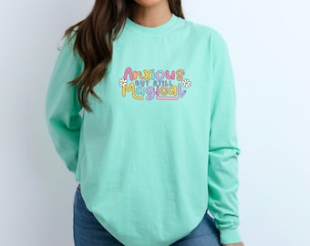 Ängstlich aber magischer Komfortfarben Pullover, Rundhalsausschnitt für psychische Gesundheit, Bunte Regenbogendesigns auf bequemem Pullover,
