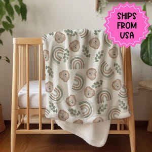 Lion Personalized blanket for boys, rainbow sage green neutral blanket, unisex birthday gift for him, custom name baby blanket baby shower