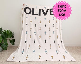 Decke Blitz für Jungen, Decke Blitz, Babydecke personalisiert, Beige neutrale Decke, Baby Namensdecke Geschenk, Baby Namensdecke Junge, neutrale Decke