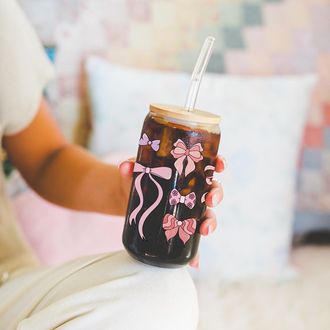 Girly Coquette Bow Glass Cup With Bamboo Lid Glass Straw, Cute Cup Beer ...