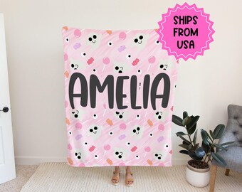 Manta de Halloween personalizada, manta rosa fantasma, manta con nombre personalizado, regalo de Halloween para niños pequeños