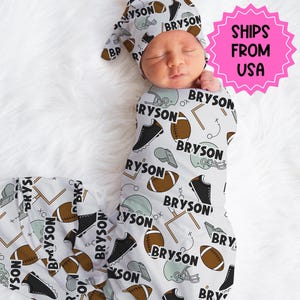 Personalized Baby Boy Swaddle Blanket Hat Set, football swaddle, sports hospital reveal outfit baby boy baby shower gift receiving blanket