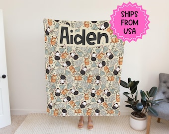 Personlig filt för pojkar, safaridjursfilt zoo-tema, unisex födelsedagspresent till honom, anpassad namnfilt babyshowerpresent