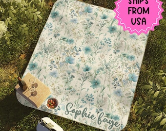 Personalized Blue Floral Summer Picnic Blanket waterproof, picnic accessories, beach mat, floral beach and picnic mat, picnic table cover