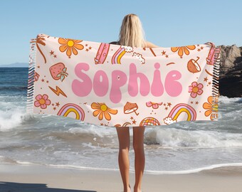 Toalha de praia personalizada Pink Groovy, toalha de praia personalizada para presente, toalha de praia infantil, cobertor de praia personalizado, toalha de praia Tassle, presente personalizado