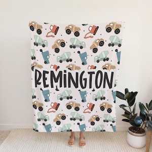 Personalized blanket for boys construction blanket, toddler truck throw, birthday gift for him, custom name baby blanket, baby shower gift