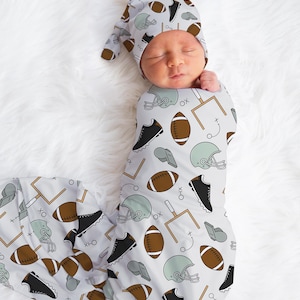 Personalized Baby Boy Swaddle Blanket Hat Set, football swaddle, sports hospital reveal outfit baby boy baby shower gift receiving blanket