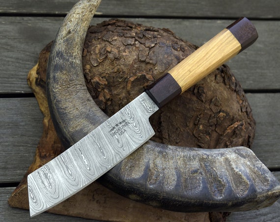CHEF KNIFE, 10.5", DAMASCUS knife set includes leather sheath, Japanese Bunka knife w/ Exotic Olive Wood & Rose Wood handle, Kitchen knife