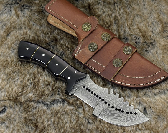 DAMASCUS KNIFE, Custom Damascus tracker knife, 9.5" ,Hand forged, Damascus steel knife, hunting knife, Bull horn handle, personalized