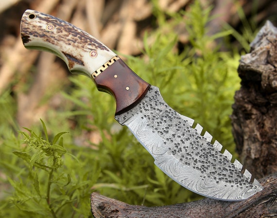 10.5, Tracker Knife, Damascus Steel Survival Knife, Exotic Stag Horn & Rose Wood Handle, Hand Stitched Leather, Personalized Hunting Knife