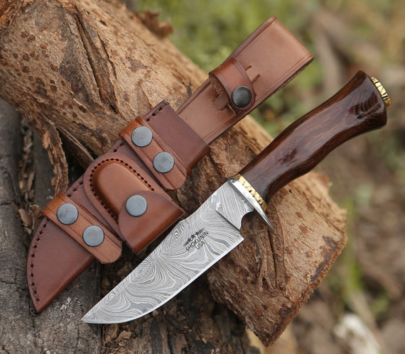 SHOKUNIN USA - Custom Handmade Damascus Hunting Knive with African Wenge Handle - Unique Bowie Knive - Perfect Fathers day Gift for Outdoors