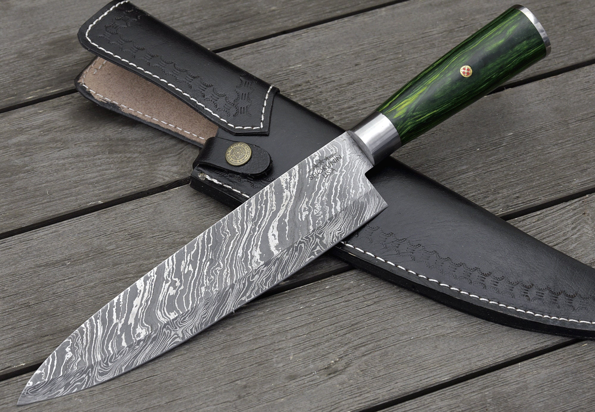 Personalized 14.5 DAMASCUS CHEF KNIFE, Damascus steel French style chefs knife with Hardwood handle
