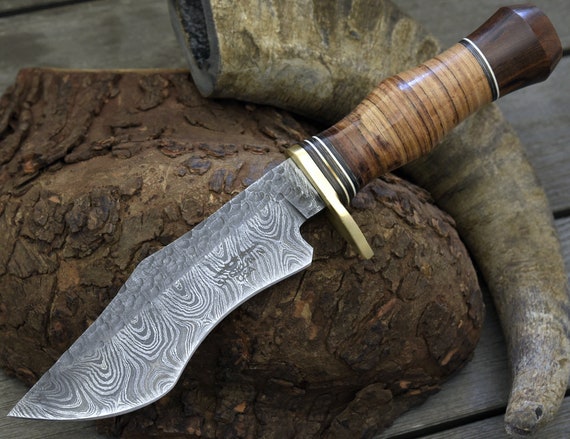 10.5", Damascus Hunting knife, Bowie Knife, w/ wood & stacked leather composite handle personalized knife gift Clip point tanto blade
