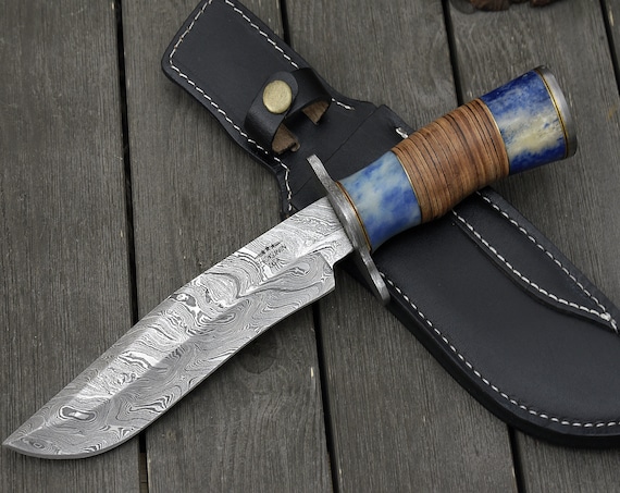 BOWIE KNIFE, Custom Damascus knife, 12.0" ,Hand forged, Damascus steel hunting knife, Damascus Guard, Stacked Leather handle