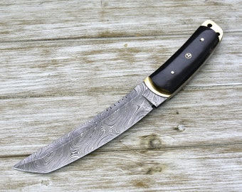 DAMASCUS TANTO KNIFE, Custom Damascus knife, 11.5" ,Hand forged, Damascus steel knife, Personalized, includes cover